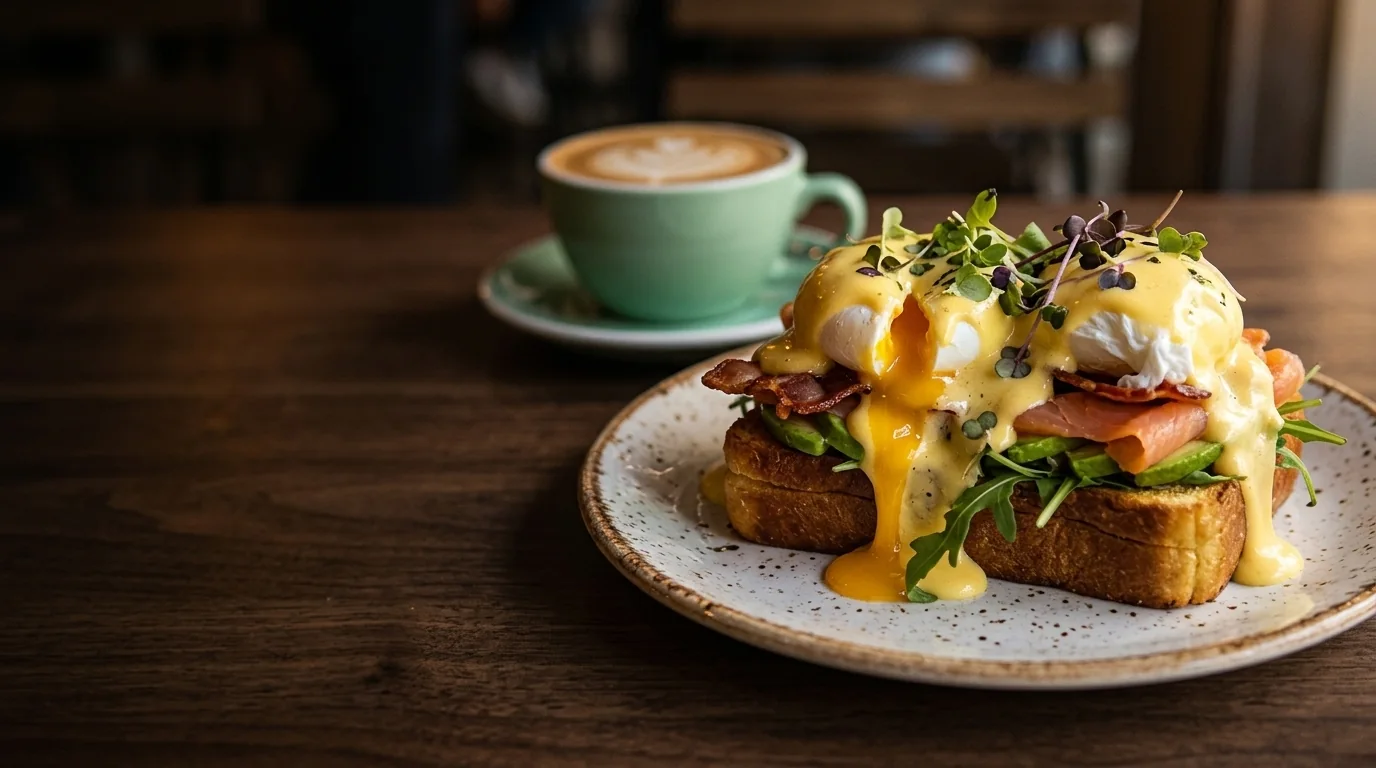 Huevos benedictinos con yema que cae sobre la salsa holandesa, en plato de cerámica