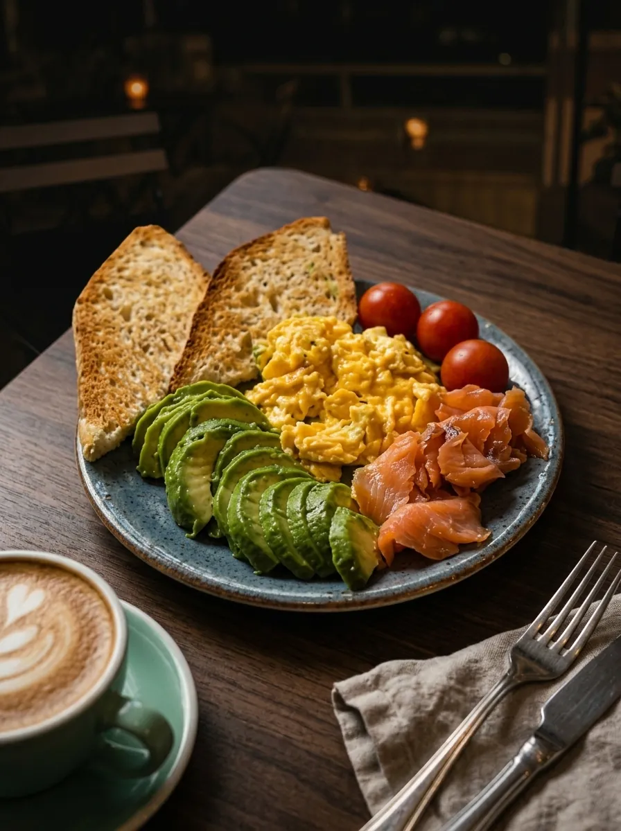 Desayuno Craft con huevos revueltos, aguacate, salmón y tostadas