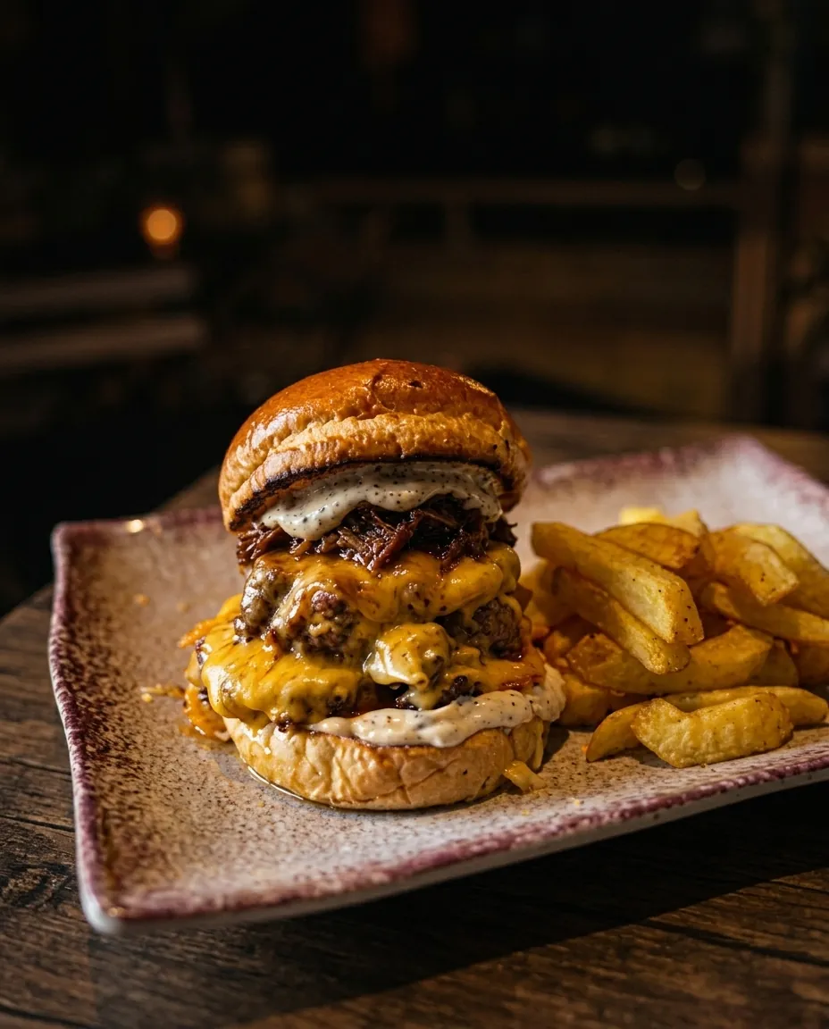 Craft Burger con cheddar fundido y patatas, en plato rústico