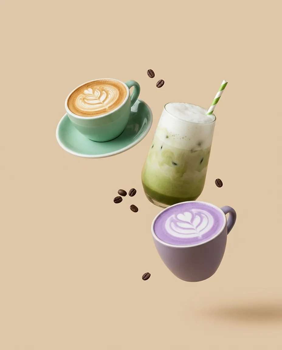Capuchino en taza verde, iced matcha y ube latte flotando sobre fondo beige