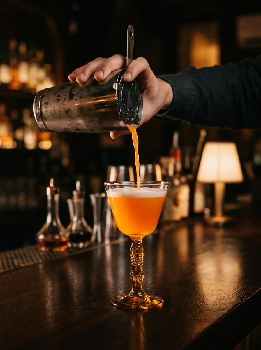 Bartender sirviendo un mandarina aperol sour en copa sobre la barra
