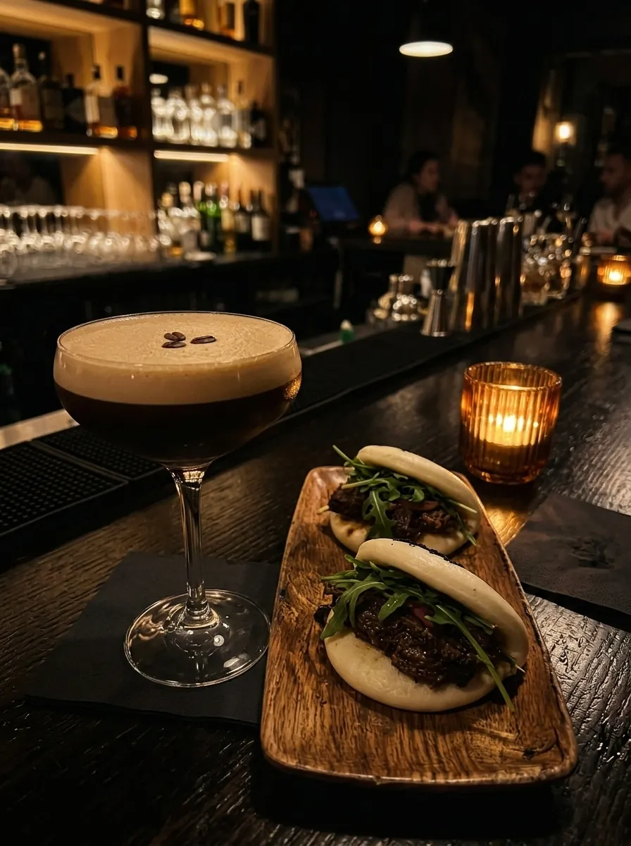 Espresso martini y baos de carrillera en la barra por la noche