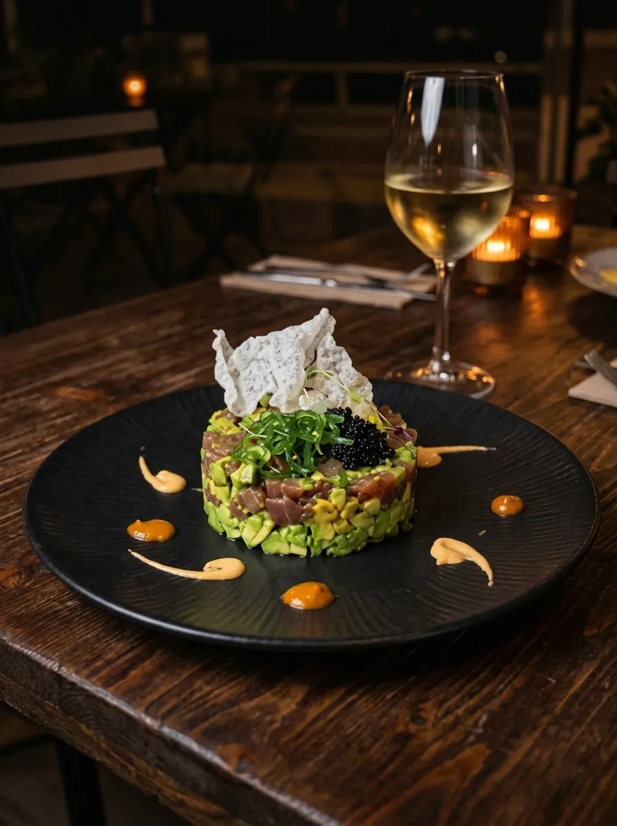 Tartar de atún con aguacate y caviar en plato negro
