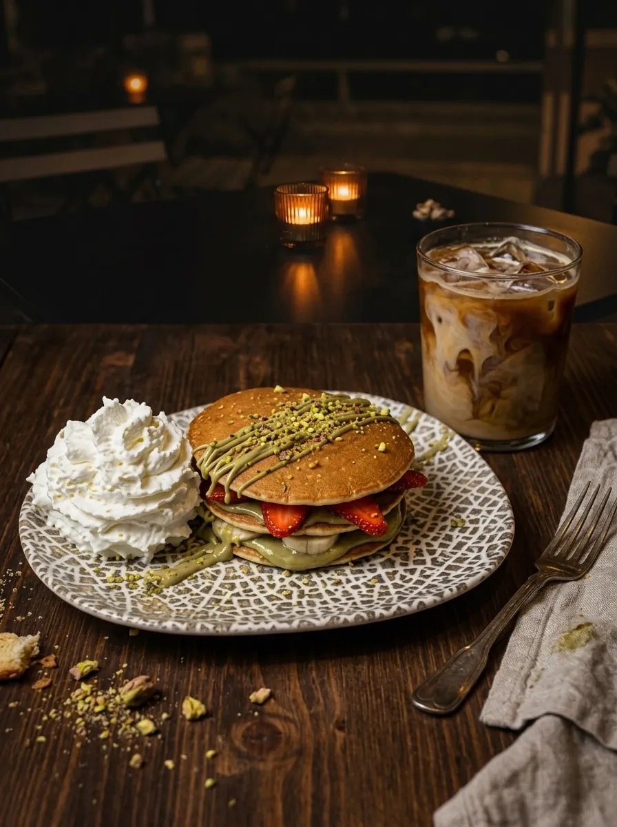 Tortitas de pistacho con fresas y nata junto a un café con hielo